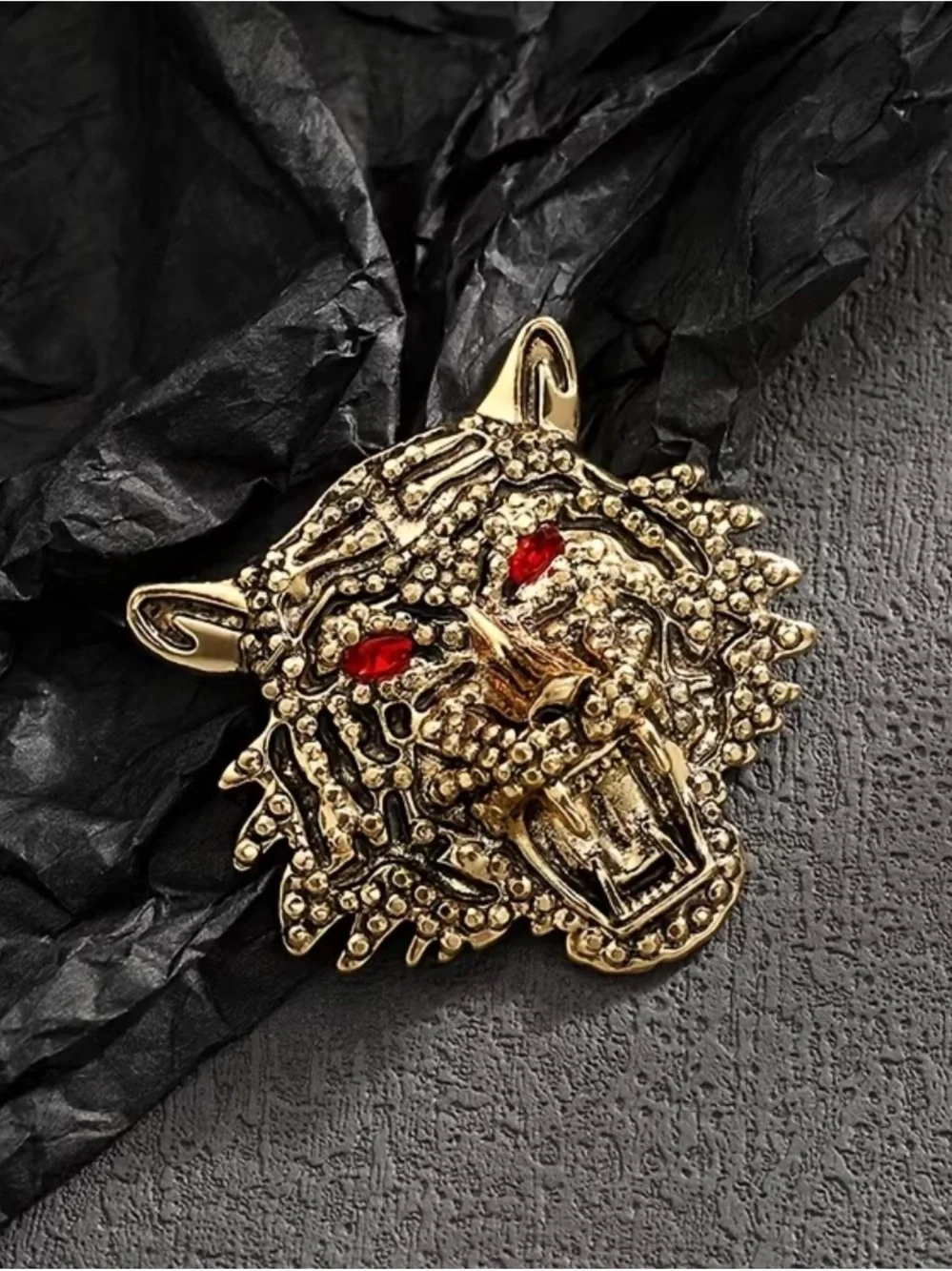 gold-tone metal roaring tiger head brooch red rhinestone eyes textured detail